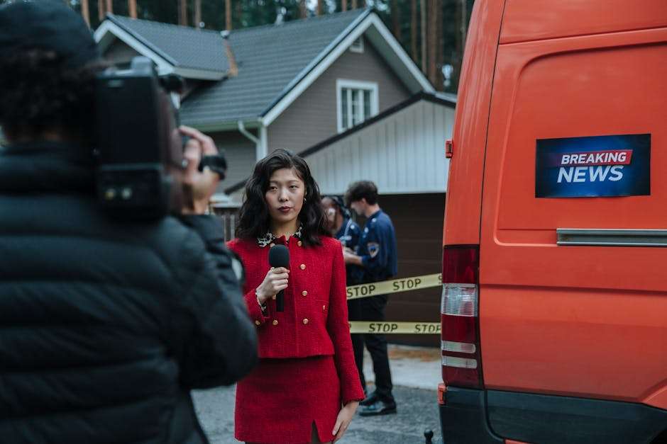 reporterka z mikrofonem w ręce mówiąca do kamery