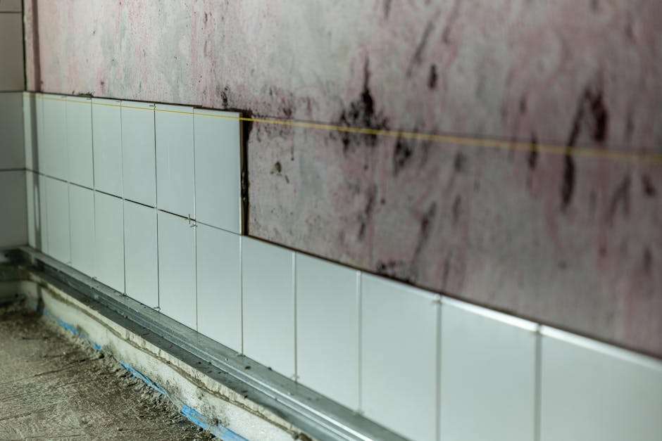 Widoczne ślady pleśni pod płytkami ceramicznymi.