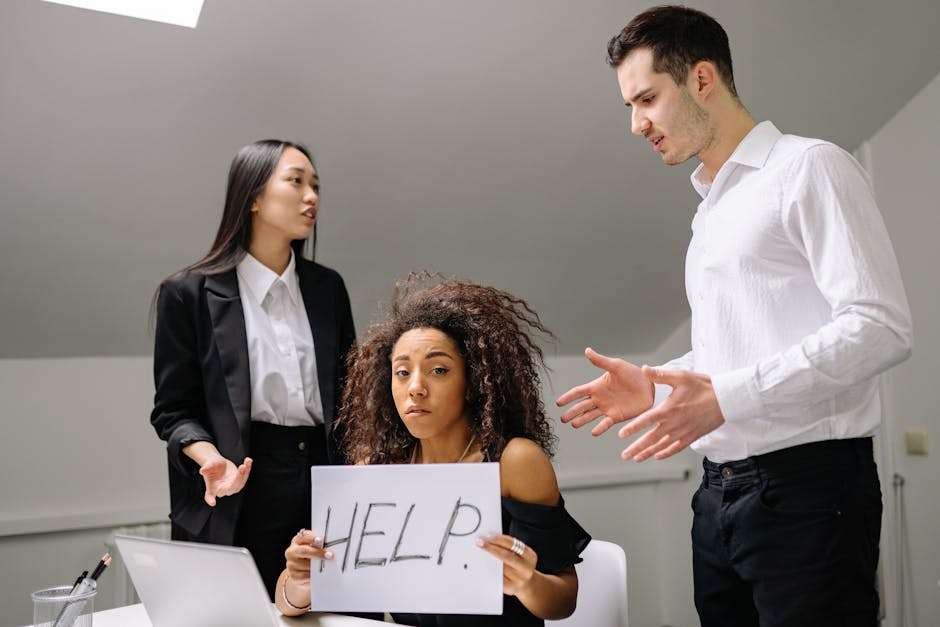 Kobieta siedzi przy biurku z kartką z napisem „HELP”, obok stoją dwie osoby.